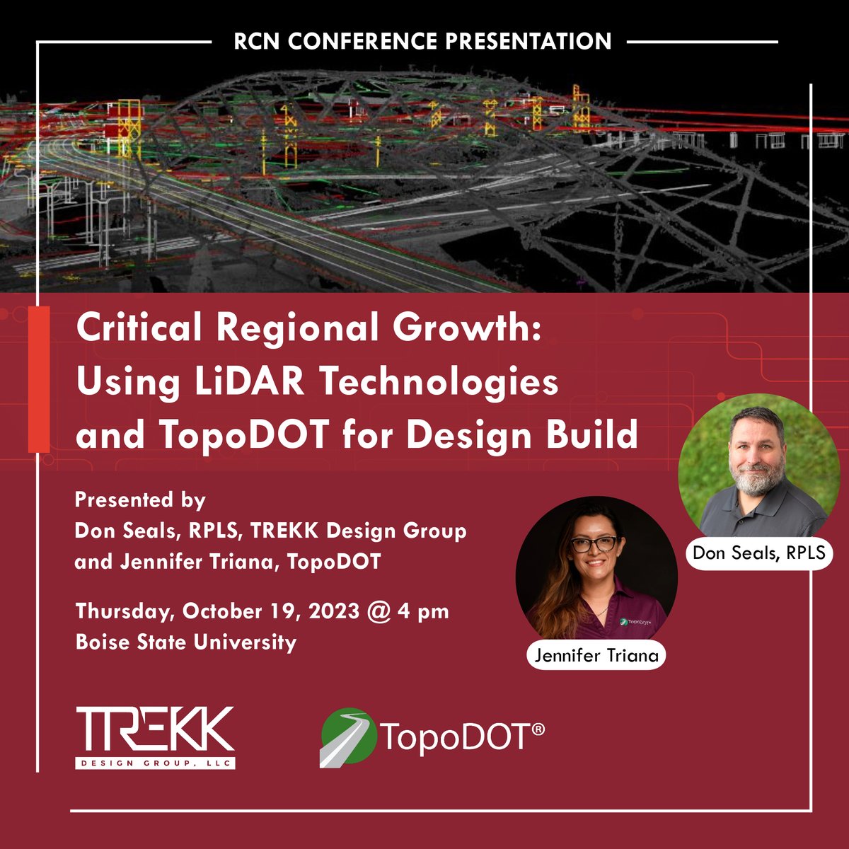 TREKKDesign's tweet photo. If you're at the #RCN2023 Conference this week, stop by the @_TopoDOT booth to chat with Jennifer Triana and TREKK's Don Seals about #LiDAR technology. Also, set a reminder for their presentation tomorrow at 4 pm. We hope to see you soon! #TREKKtech #ImprovingLives https://t.co/8ayxfUUi8p