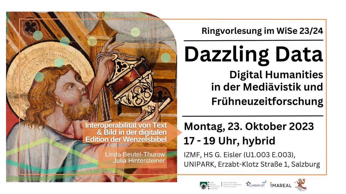 CLARIAH-AT (@atclariah) on Twitter photo ⚡️am MO, 23.10. begrüßen <a href="/MHD_BDB/">Mittelhochdeutsche Begriffsdatenbank</a> et al. in der VO »Dazzling Data. #DigitalHumanities in der #Mediävistik & #Frühzeitneuforschung«
<a href="/LindaBeutel/">Linda Beutel-Thurow</a> & @julia_hin vom @germanistik_sbg, die zur Interoperabilität von Text & Bild in <a href="/WenzelDigital/">Wenzelsbibel-Digital</a> berichten:
👉 clariah.at/de/dazzling-da… ⚡️am MO, 23.10. begrüßen <a href="/MHD_BDB/">Mittelhochdeutsche Begriffsdatenbank</a> et al. in der VO »Dazzling Data. #DigitalHumanities in der #Mediävistik & #Frühzeitneuforschung«
<a href="/LindaBeutel/">Linda Beutel-Thurow</a> & @julia_hin vom @germanistik_sbg, die zur Interoperabilität von Text & Bild in <a href="/WenzelDigital/">Wenzelsbibel-Digital</a> berichten:
👉 clariah.at/de/dazzling-da…