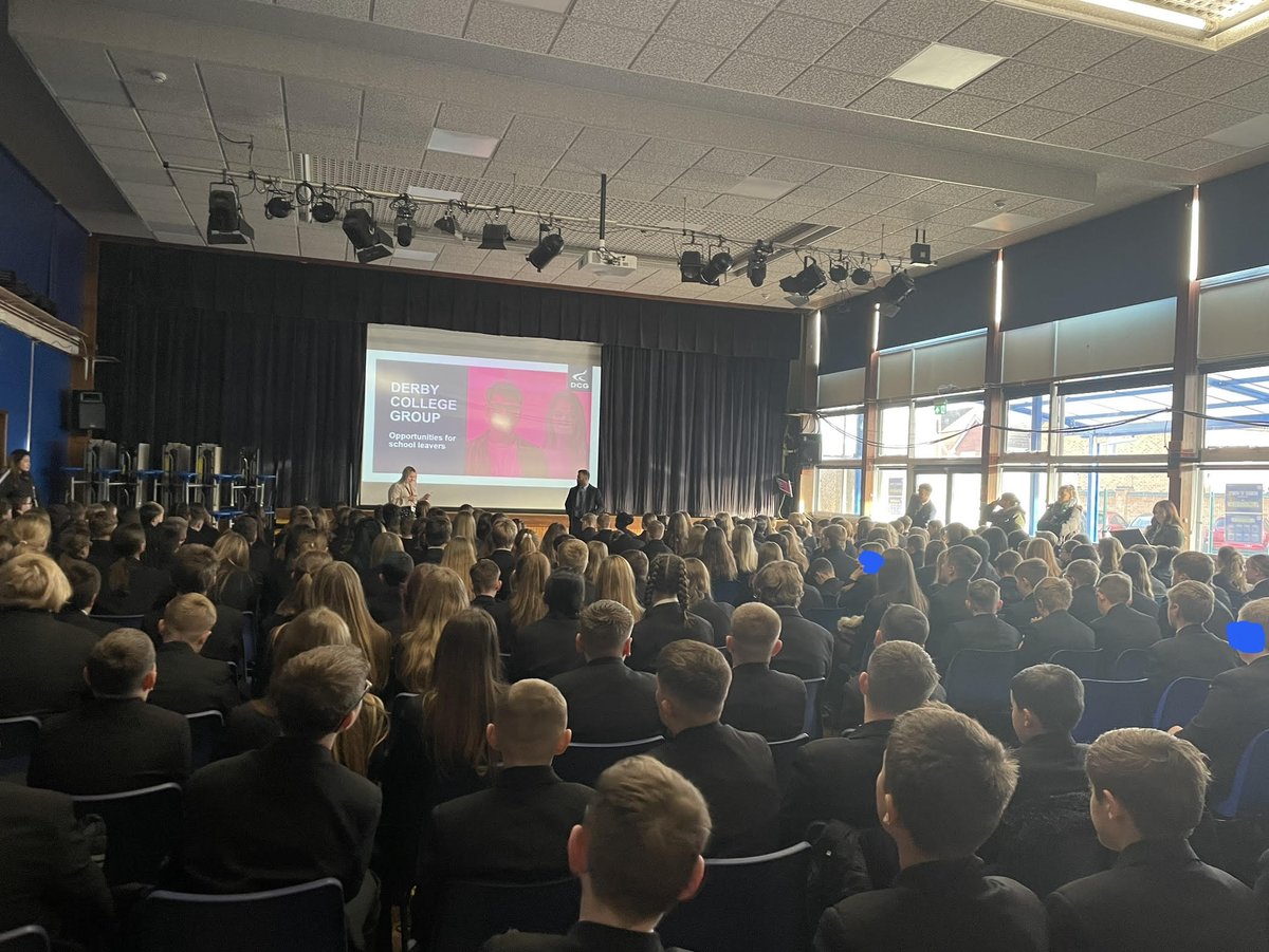 HGSACareers's tweet photo. Brilliant start to our Tuesday with an assembly from @derbycollege for our year 8 cohort, learning all about post 16 pathways. Big thanks to Taylor for supporting us. #Alevels #Btechs #Tlevels #Apprenticeships #Vocational #Technical #TeamHeanor #Skiesthelimit #Aimhigh https://t.co/2RdwJOBato
