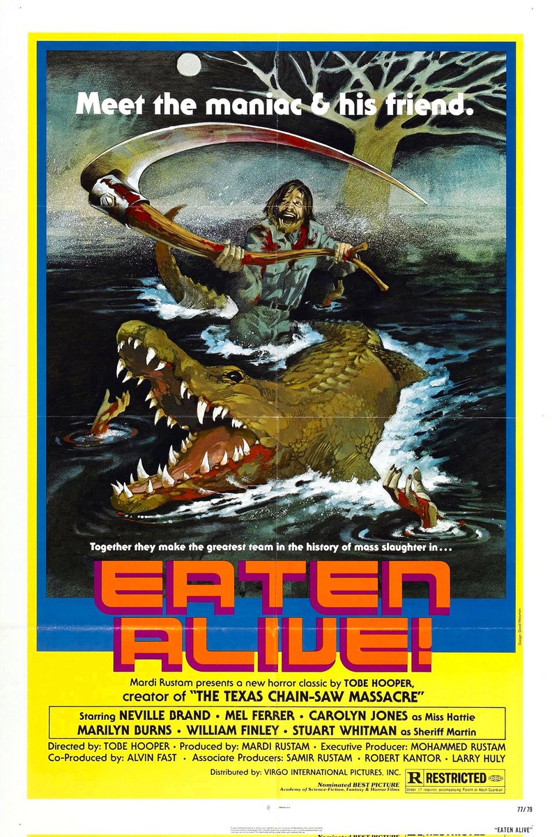 PoltergeistBook's tweet photo. Released OTD in 1976 - 'Eaten Alive' directed by Tobe Hooper. Has various titles, including Death Trap and Starlight Slaughter, tells of a hotel owner, who feeds people to a  crocodile that lives in a swamp next to the hotel #tobehooper #HoopervilleBook #Hooperville #HorrorMovies https://t.co/I2WpOSRHfi