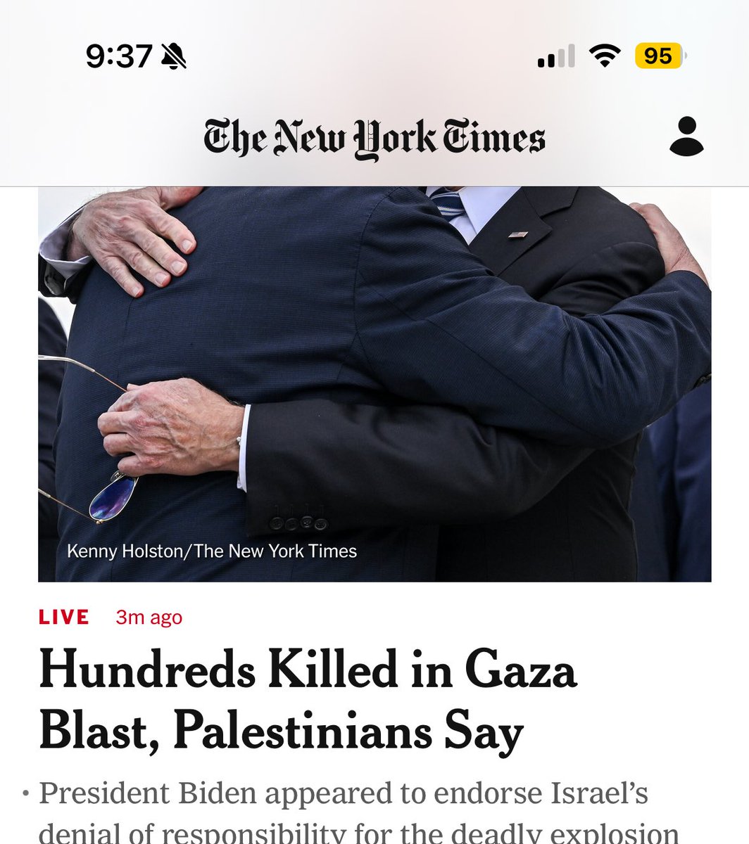 dtrinh's tweet photo. Opened the @nytimes app today and it updated live from this to this.
I have immense respect for the “newspaper of record” but this feels like wildly flimsy reporting.
If it turns out Hamas misfired onto themselves and blew up a parking lot, where does the correction go? https://t.co/yRvaAT9iEf