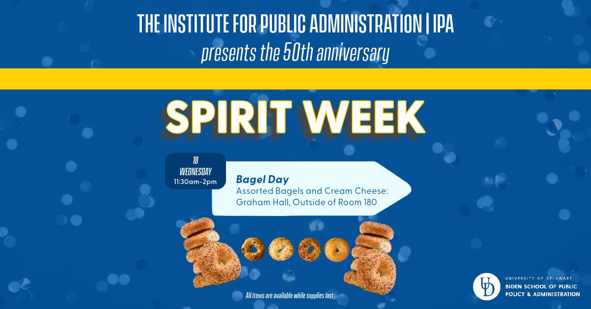 DelawareIPA's tweet photo. Missed breakfast? No problem. Join IPA outside of Room 180 of Graham Hall for assorted yummy bagels and cream cheese. See you soon! https://t.co/3E11pOZ0Lm