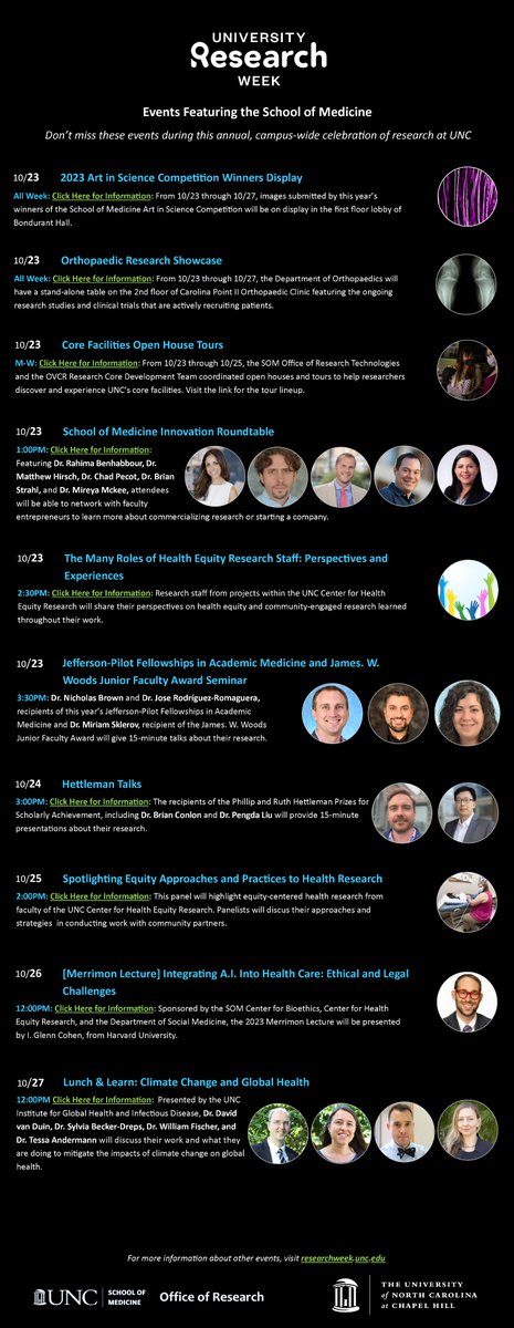 Next week is #UNCResearchWeek, and we are so excited to celebrate the brilliant work done @UNC! Our flyer below lists the events featuring the @UNC_SOM. All the happenings that week can be found at researchweek.unc.edu. Don't miss out! 🥳👍 #UNCResearch #UNC