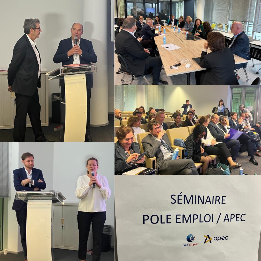 GillesGateau's tweet photo. Aujourd'hui, rencontre des équipes de direction @Apecfr et @pole_emploi  lors d'un séminaire, avec les délégués régionaux des deux réseaux, pour faire le bilan de notre convention de partenariat 2021-2023 et surtout préparer la suite dans le nouveau cadre #FranceTravail. (1/4)
⤵ https://t.co/vPJj3rcIrw