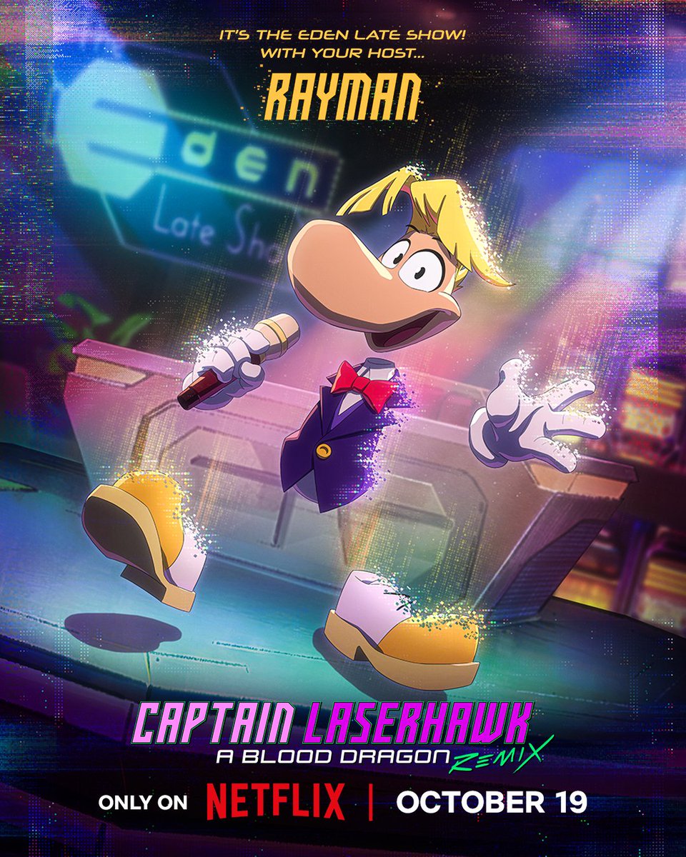 RaymanTogether's tweet photo. It’s the Eden Late Show. With your host… Rayman 🎤

#CaptainLaserhawk: A Blood Dragon Remix, available only on Netflix TOMORROW! #Rayman #Ubisoft https://t.co/4Zf2m10kY7