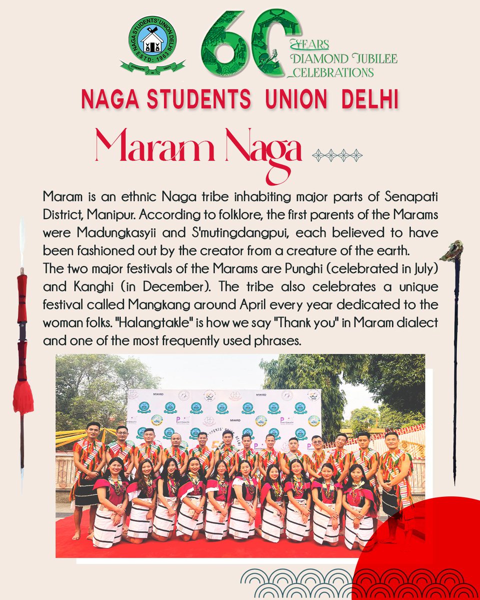 MARAM NAGA :
Maram is an ethnic Naga tribe inhabiting major parts of Senapati District, Manipur. According to folklore, the first parents of the Marams were Madungkasyii and S'mutingdangpui, each believed to have been fashioned out by the creator from a creature of the earth.