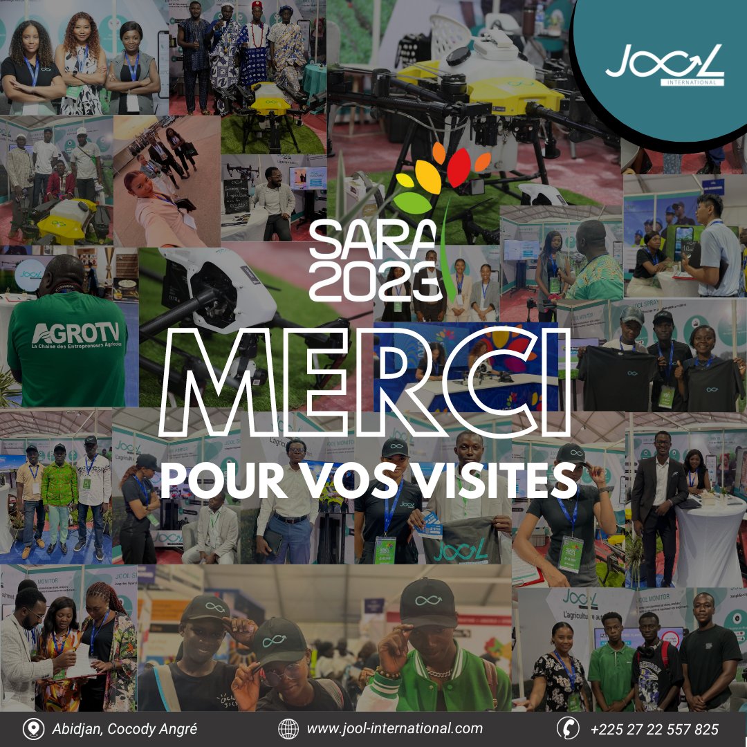 Un grand MERCI à tous ! 

Le SARA c'est fini, mais nous restons proches de vous!
Restez abonnés pour suivre notre actualité. 

#JooL #Agriculture #Drone #AgriTech #Tech #Innovation #SARA2023 #Dji #MadeInCI #Africa