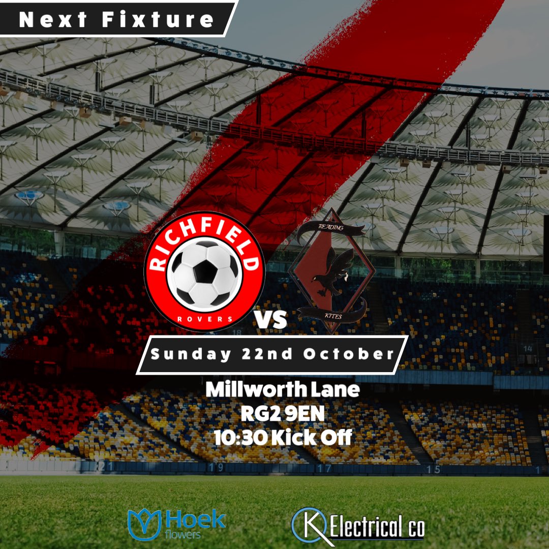 RichfieldRovers's tweet photo. THIS SUNDAY⚽️

🆚 Reading Kites
🏟️ Millworth Lane (RG2 9EN)
⏰ 10:30 Kick Off
📆 Sunday 22nd October

A what seems to be rare occasion as we host Reading Kites in the league where the boys look to continue their unbeaten league form &amp; grab another 3 points👊🏻

#UpTheRichfield❤️🤍 https://t.co/Bxlcq9OJCq