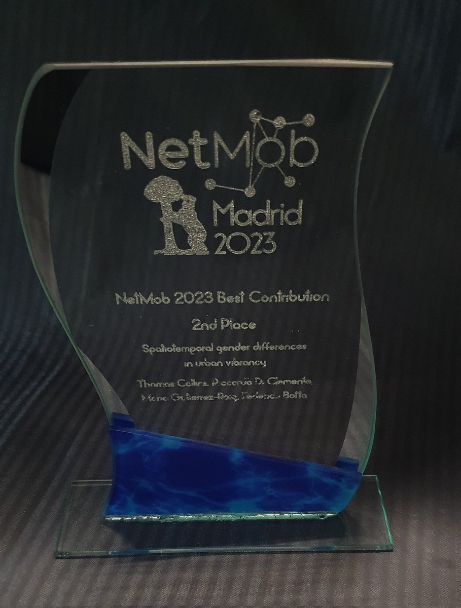 Tommy_Colli's tweet photo. Thrilled to receive 2nd place award from @NetMob23 for our recent paper with @Fede_Botta and @ric_dicle! 🏆 Excited to share insights on Spatiotemporal gender differences in urban vibrancy coming soon. 📚 Check out the preprint on arXiv: https://t.co/OcSeRv7Uun https://t.co/GZj4pvFCv1