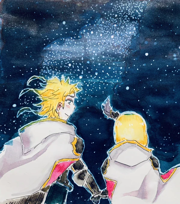 シエジタ落書きしてました 西野カナの「if」聴きながら書いてたら何故かこうなりました……星空難しい……  同じ道をいつまでも手を繋いで歩けますように