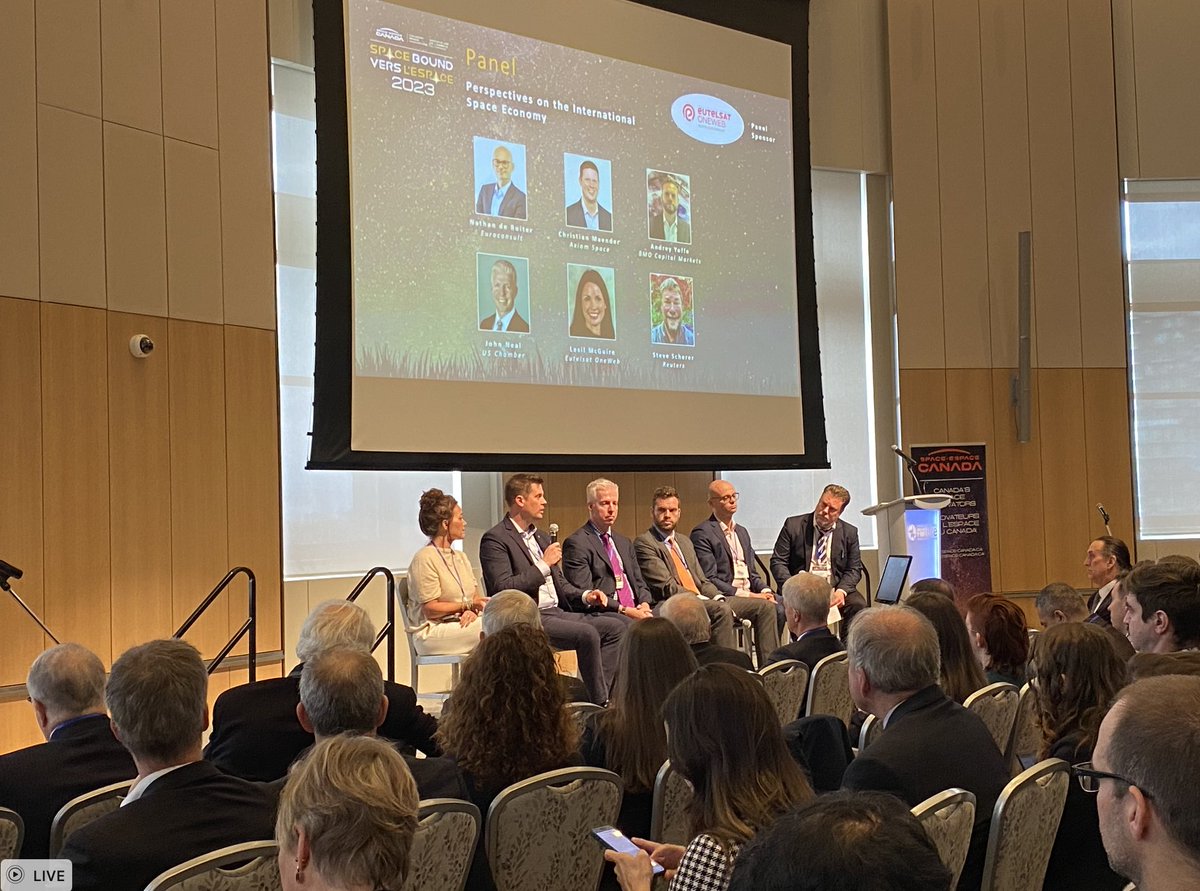 Happening now at #SpaceBound2023 - Some incredible insights into the international space economy with:

Christian Maender, @Axiom_Space
Lesile McGuire, @EutelsatOneWeb 
John Neal, @USChamber 
Andrey Yoffe, @BMO 
Nathan de Ruiter, @euroconsultEC 
Steve Scherer, @Reuters