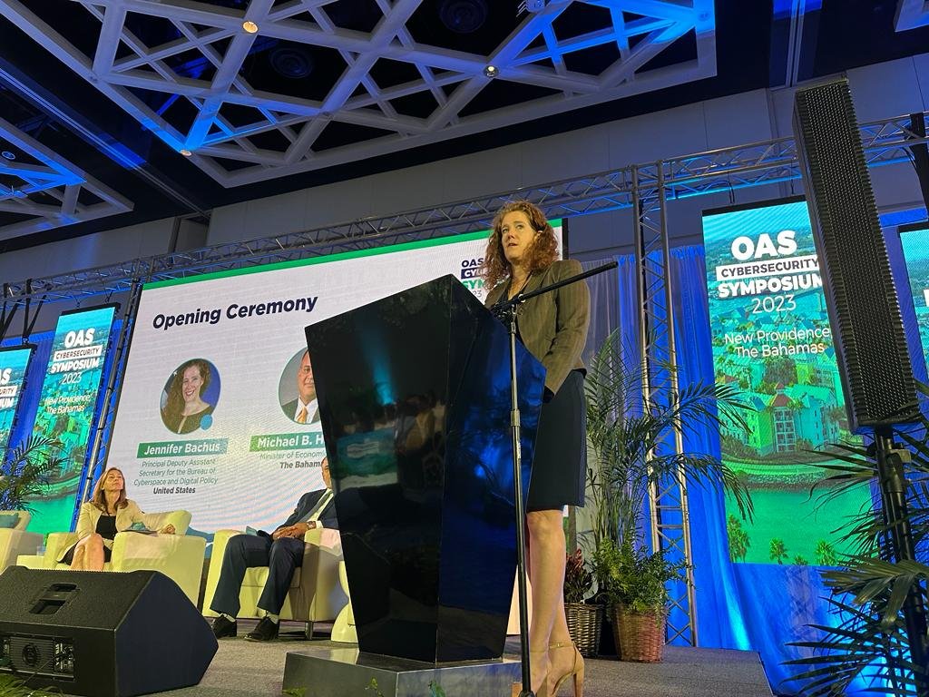 Michael Halkitis, Minister Economic Affairs 🇧🇸, Jennifer Bachus, Principal Deputy Assistant Secretary for the Bureau of Cyberspace @StateDept 🇺🇸, and @aatreppel, Executive Secretary @OEA_CICTE, highlight  collaboration to stop #Cybercrime during the opening #OASCyberSymposium2023