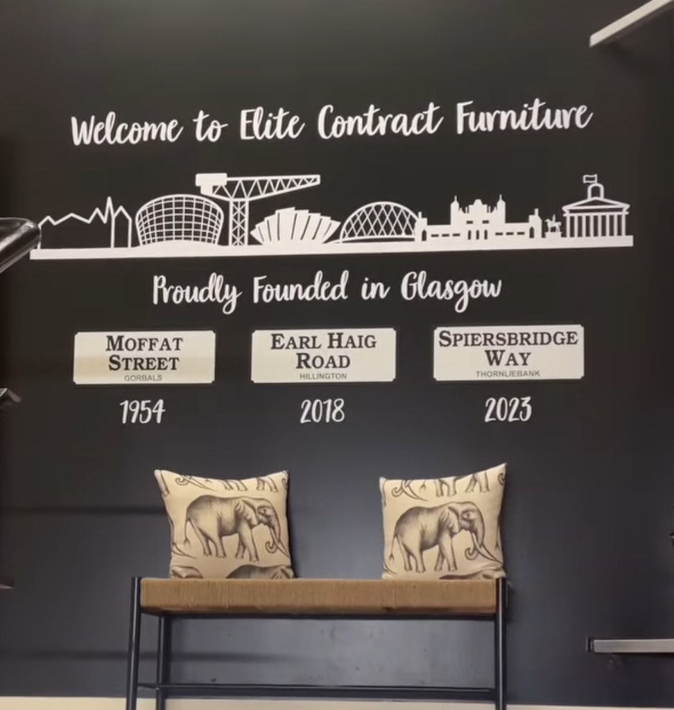 networksigns's tweet photo. Large exterior sign installed today for Elite Contract Furniture . The final installation of signage at their new premises. In the last few months we have also installed some smaller exterior wall signs and an interior wall graphic/mural #networksigns #glasgowsouthside https://t.co/C8QqHdEChZ