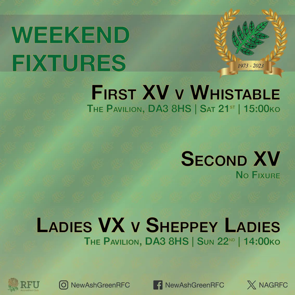 All change from last weekend, the 1XV and Ladies teams in action with the 2XV having a break. Both games at home, Saturday sees the 1XV welcome @Whitstable_RFC, and Sunday sees @SheppeyRFC_1892 Ladies travel to New Ash Green!