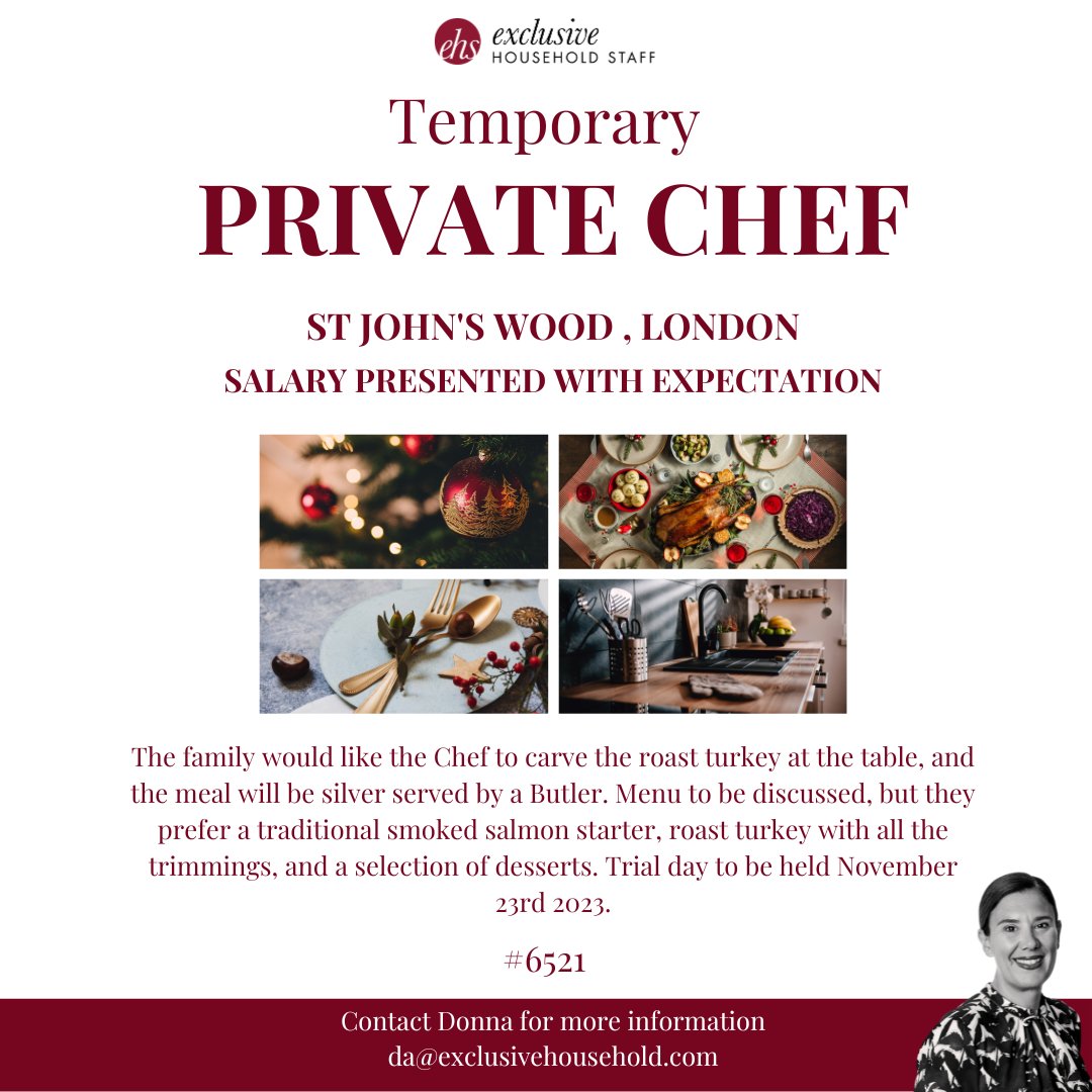 Our client is looking for a Temporary Private Chef to cook a traditional Christmas Dinner for 14 guests on Christmas Eve.

exclusivehouseholdstaff.com/vacancies/view…

#privatechef #christmasprivatechef #londonprivatechef #domesticstaff #temporaryprivatechef #stjohnswoodchef #londonjobs