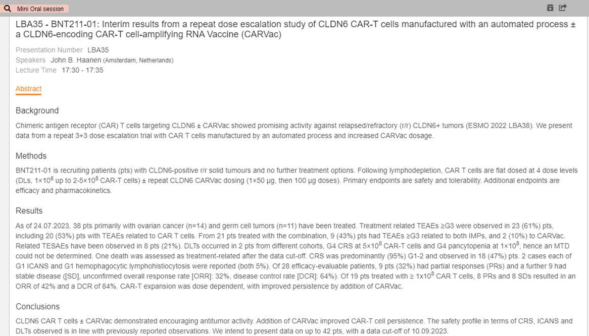 #ESMO2023 —> BioNTech BNT211 targeting Claudin 6 (CLDN6) late-breaker (LBA35). +19 pts from ASCO2023 42% ORR at DL2+ CarVAC enhancing T cell persistence $CNTX
