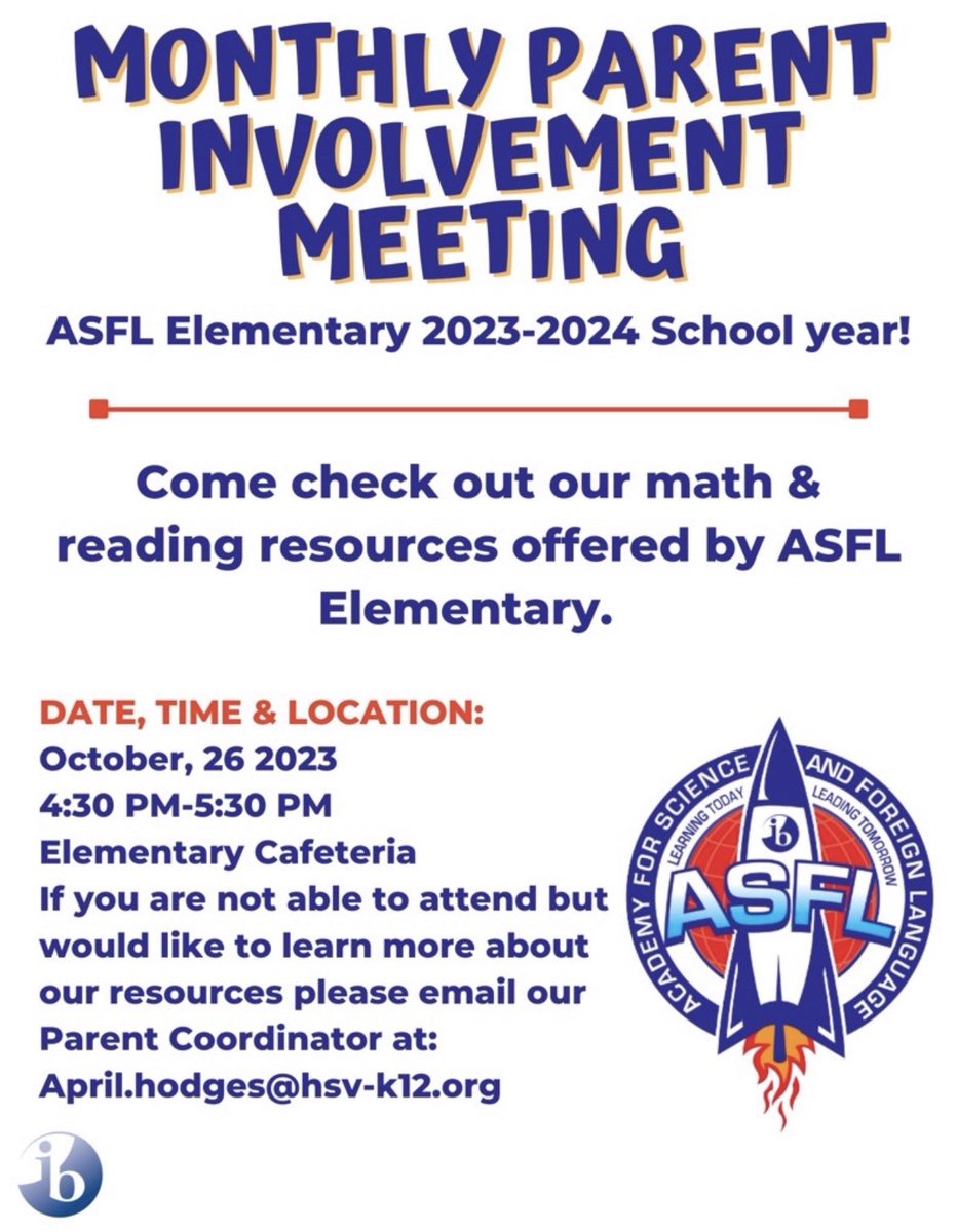 It’s time for our monthly parent involvement meeting on the elementary side! Stop by while you are here for Science Night to check out our math and reading resources we offer.