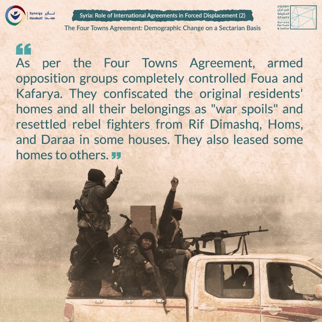 HevdestiSynergy's tweet photo. As for the displaced from #Foua and #Kafarya, their suffering is not less heavy than those of #alZabadani and #Madaya, despite the different circumstances and destinations of their displacement. Those displaced from the Shiite-majority Foua and Kafarya that were encircled by rebels’ Army of Conquest/Jaish al-Fatah, spread into different regime-held areas including, #Damascus, Aleppo, Homs, Latakia, and Tartus. Notably, the two towns were fully evacuated from their original people.
To read the full report check our website 🔗⬇️
https://t.co/BAxY3H9Wm3
#HevdestiSynergy #Forced_Displacement