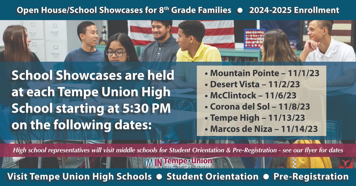 Our six high schools will be hosting their Open Houses in the next coming weeks. These are the perfect opportunity for our 8th grade families to get more information about high school. Check out the attached image for more dates, or visit TempeUnion.org/Enroll for more!