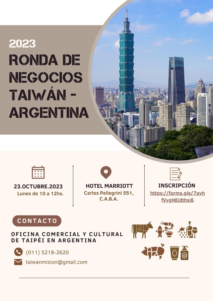 外貿協會「2023五金扣件拓銷團」及國經協會「2023經濟合作及商機考察團」將於10月23日在阿根廷辦理貿洽會，歡迎踴躍參加!
taiwanembassy.org/ar/post/21099.…