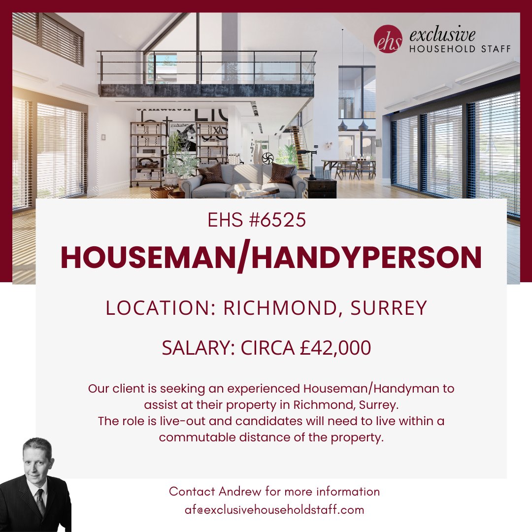 Our client is seeking an experienced Houseman/Handyman to assist at their property in Richmond, Surrey.

exclusivehouseholdstaff.com/vacancies/view…

#houseman #handyman #privatehandyman #privatehouseman #domesticstaff #surreyjobs #surreyhouseman #surreyhandyman #richmondjobs #privatestaffing #ehs
