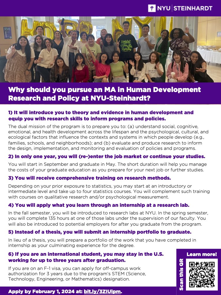 📢 Attention #EconTwitter #PsychTwitter #EduTwitter: Applications to the Human Development Research and Policy MA at @nyusteinhardt are now open! ℹ️Virtual info session: Monday, Oct 23, at 10am EST ✍️Sign up: bit.ly/3S2wjzU 📚 Learn more: bit.ly/3Hv9LlE