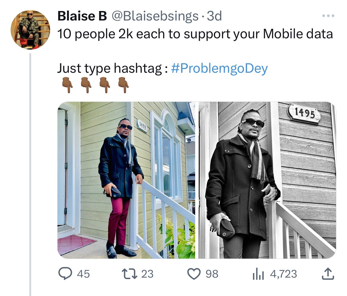 blaiseb237's tweet photo. See the difference between these two posts? 🤣🤣 

Truth is ; 2k is nothing to me &amp; my team… 

Some of you want money but keeps sleeping on the source and expect money. 

Next time , only very active fans/followers will benefit 5k

- As fans/Followers,do your job. #Problemgodey https://t.co/CYnzVi2Zzf