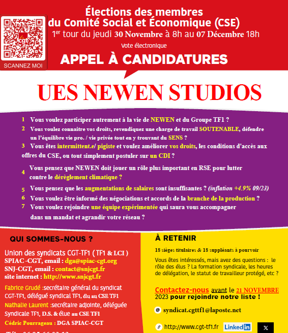 CgtTf1's tweet photo. 📢AVIS aux salarié.e.s de L'UES @newenstudios
@DixSeptJuin @AgenceCAPA TELFRANCE #NEWEN
✅ÉLECTION CSE
✅APPEL A CANDIDATURES
✅POUR UNE LISTE CGT
✅POUR UN PLURALISME SYNDICAL
✅Rejoignez nous !
#CDI #CDD #CDDU #journalistes #CGT @SnjCgt @SpiacCgt @cgt_spectacle @SNRT_CGT_AV https://t.co/sx9jT8OI2C