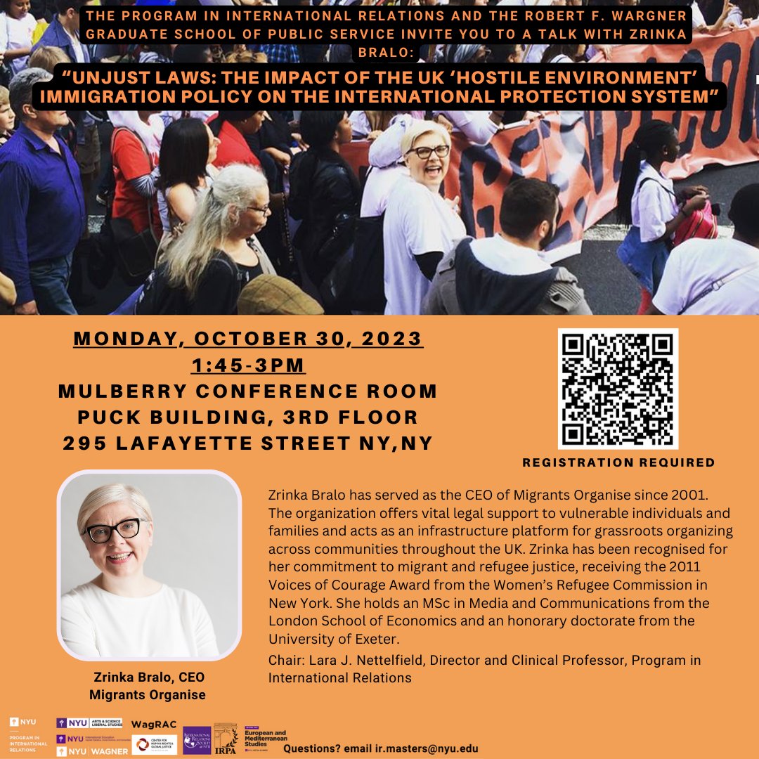 Join us on Monday, Oct 30th, 1:45pm-3:00pm for a talk with Zrinka Bralo, CEO of Migrants Organise, a global advocate for migrant and refugee justice. She's a renowned expert with an MSc from LSE and an honorary doctorate from Exeter. Register now for this event with pizza! 🌍🗣️🍕