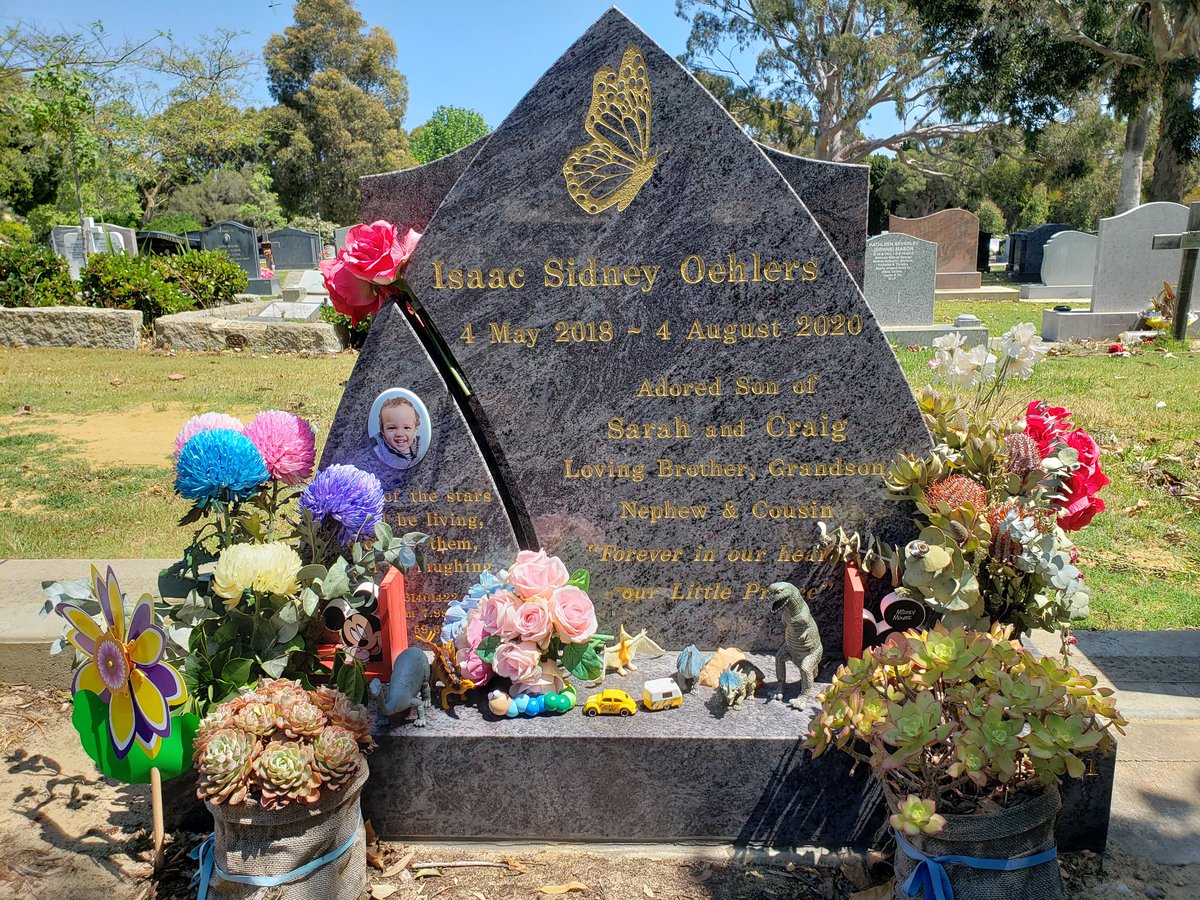 Isaac is buried in Perth. Its been f*ing tough having him so far away (we're working on moving him). When I saw him today for the last time before flying home to Melbourne, all I could think about was all the Mums who've entered this eternal pain this week. No one deserves this.