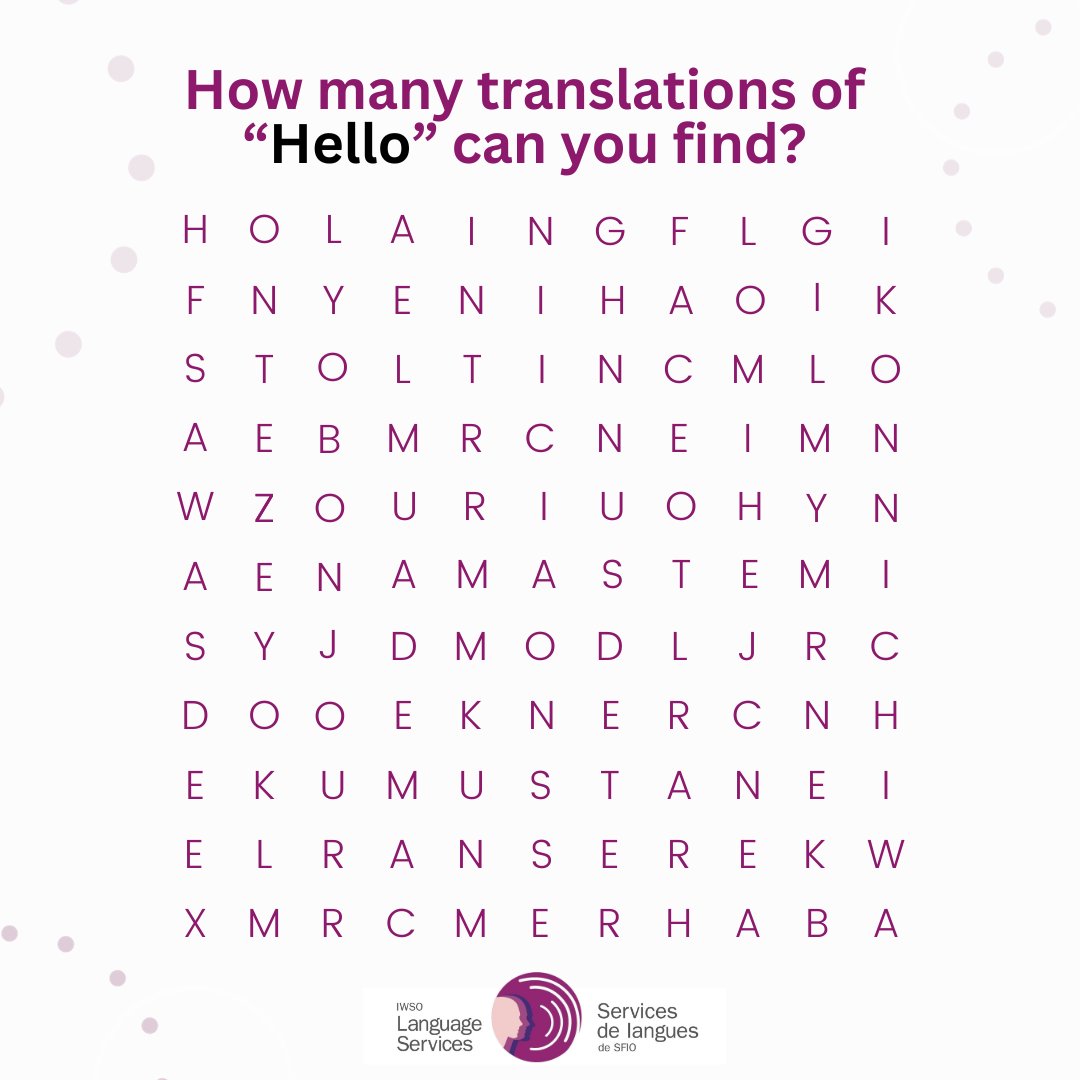 iwsoLanguage's tweet image. Can you find the translations of &quot;Hello&quot; hidden in this word search? How many can you find? (Hint: there&apos;s more than 10!) Comment your answers below!

#TranslationService #WordSearch #InterpretationService #Interpreters #Translators #LanguageAccess #LanguageSupports