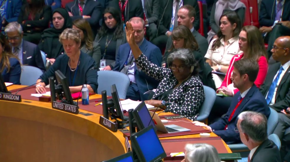 US vetoes Security Council resolution that would have called for “humanitarian pauses” to deliver lifesaving aid to millions in Gaza Favor: 12 (Albania, Brazil, China, Ecuador, France, Gabon, Ghana, Japan, Malta, Mozambique, Switzerland,UAE) Against: 1 (US) Abstain: 2 Russia, UK