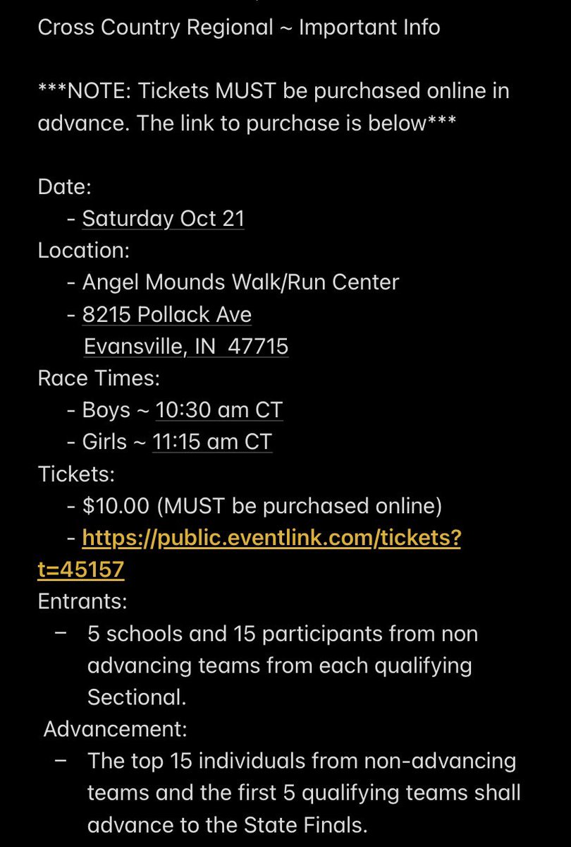 Cross Country Regional Info, including link to buy tickets. 

Tickets:
     - $10.00 (MUST be purchased online)
     - public.eventlink.com/tickets?t=45157