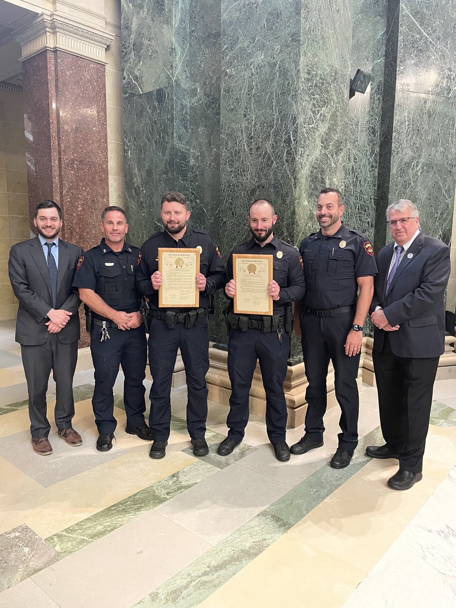 Kenosha Police Department officers Cody Cox and Jacob Thorpe were honored by the State Assembly yesterday as 1st Responders of the year. They were nominated by State Representatives Ohnstad and McGuire for their heroic actions in rescuing an elderly man from a vehicle fire.