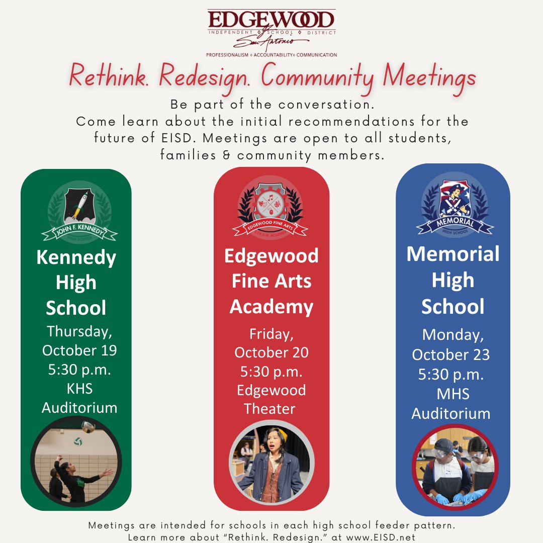 EISDofSA's tweet photo. 🚨Make plans to be at one of three EISD community meetings. 🚨
Learn more about 'Rethink. Redesign.' at https://t.co/AsevEHQlLW
🚨Haga planes para estar en una de las tres reuniones comunitarias de EISD🚨
Más información sobre Replantear Rediseñar. en https://t.co/AsevEHQlLW https://t.co/s5wA2Ky1py