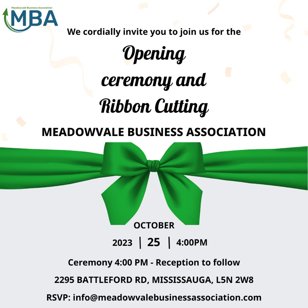 Join the founding Board of Directors as they official open Meadowvale Business Association. It will include the greater Meadowvale area. 
Get involved: send your RSVP and share with your business associates and friends. @meadowvalebusinessassociation