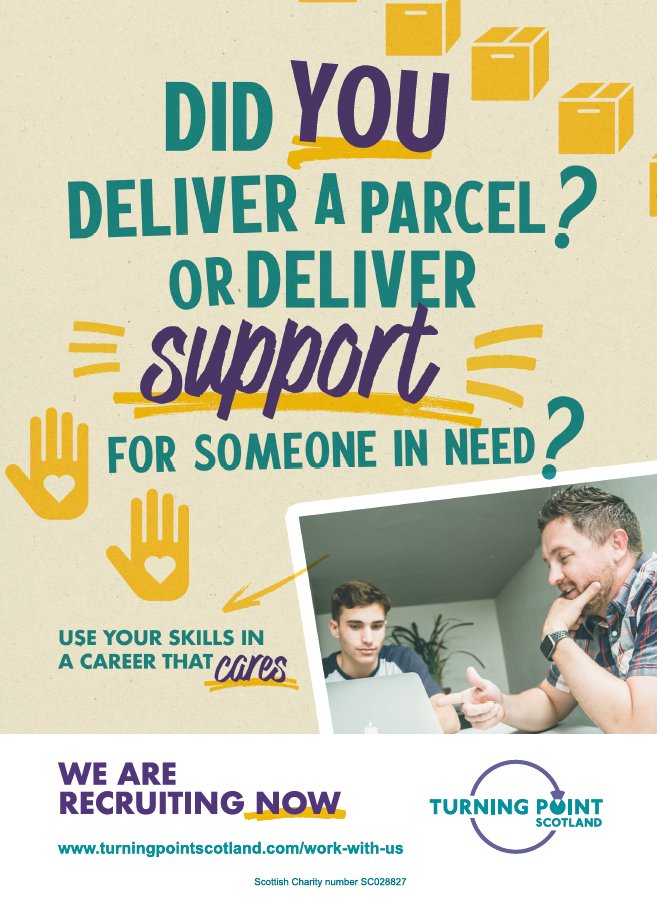 turningpointsco's tweet photo. Turning Point Scotland is delighted to be launching our Careers that Care campaign to share with your networks.
Have you ever thought of a career that cares? To learn about the opportunities on offer click below to find out more:
https://t.co/7c3YTzMRS8 https://t.co/Tfol0rCDMB