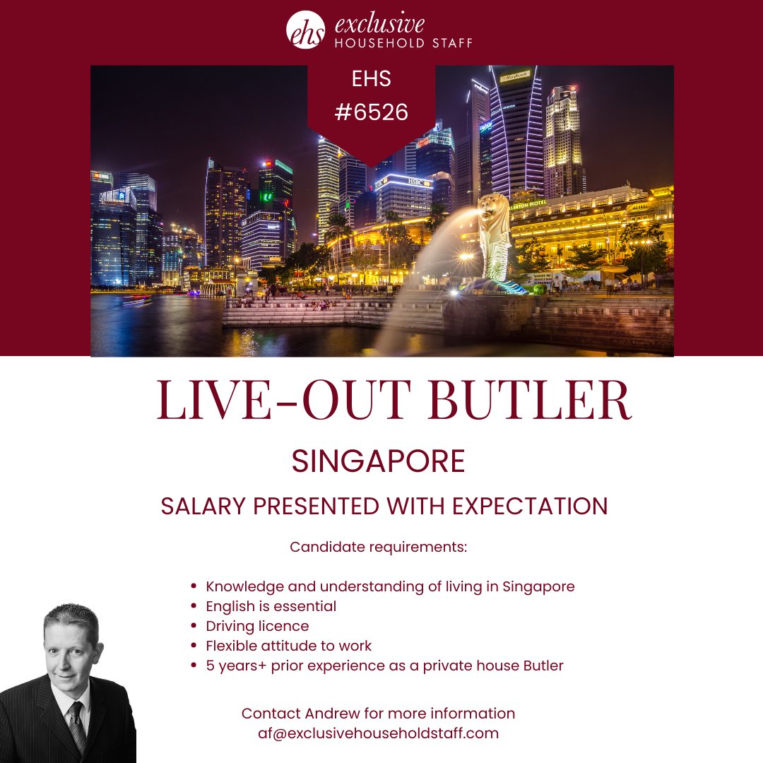 Our client is seeking a Butler to work at their home in Singapore. 

exclusivehouseholdstaff.com/vacancies/view…

#butler #privatebutler #singaporebutler #liveoutjobs #privatestaff #privatebutlerjobs #singaporejobs #privatestaffing #householdstaff #butlerjobs #butlervacancies