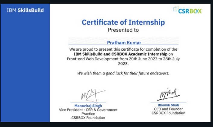 prathamkumar708's tweet photo. I have successfully completed my internship and received my well-deserved completion certificate! 🎓✨ This experience has been incredibly enriching, allowing me to immerse myself in real-world challenges, learn from experts in the field, and sharpen my skills. #internship @IBM https://t.co/Plo5hMQa5o