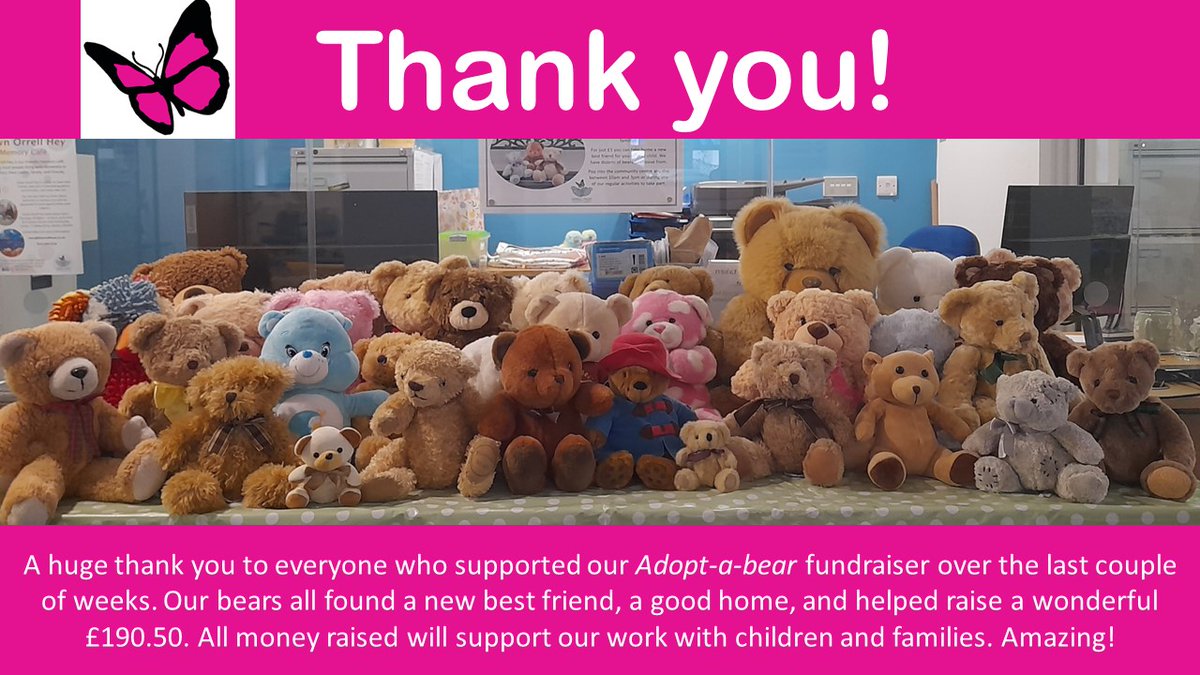 Thank you to everyone who supported our adopt-a-bear fundraiser over the last couple of weeks. We raised an amazing £190.50 which will support our work with children and families. Amazing!