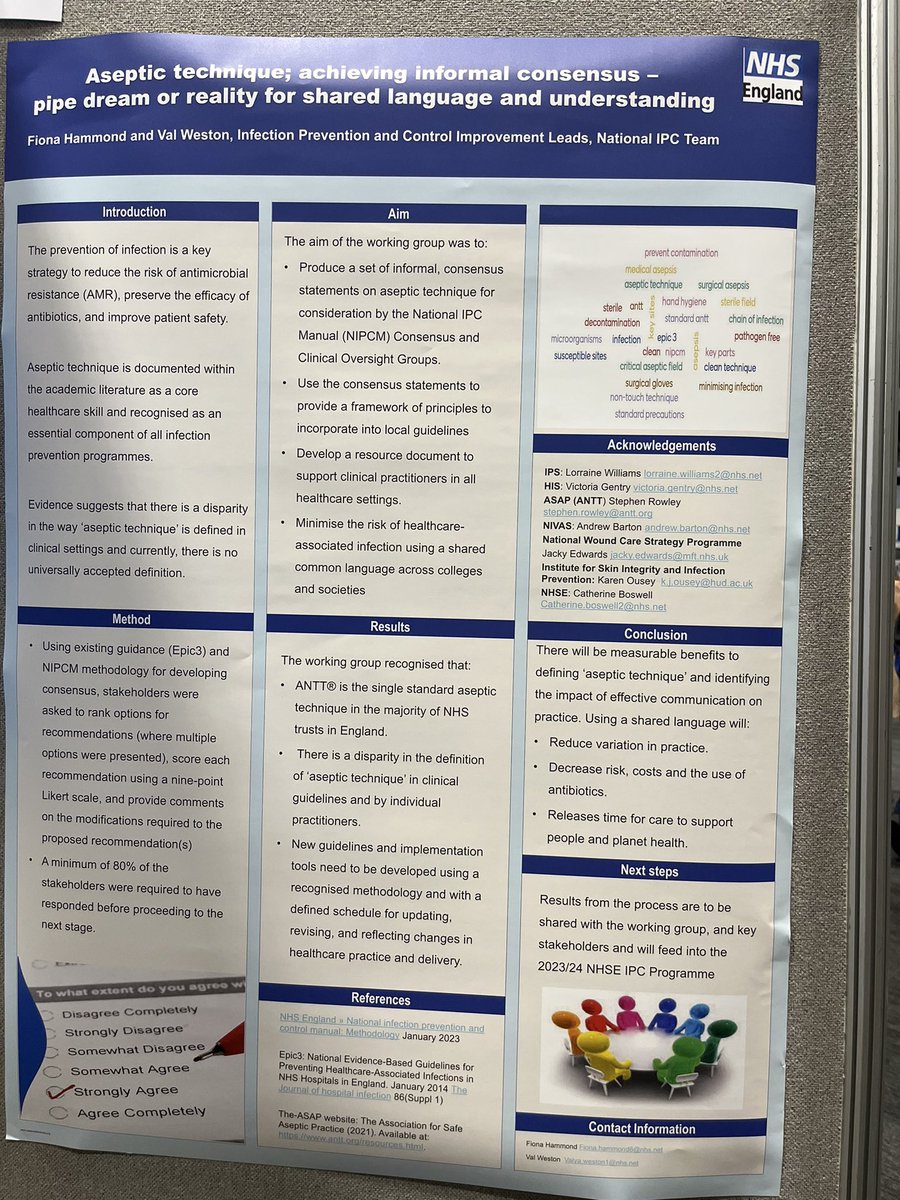 suemillward1's tweet image. Great poster by @ValWeston6 @fionahammond74 on achieving informal #consensus on #aseptictechnique for shared #learning and understanding @teamCNO_ @Lisaritchie111 @samalexmatthews  #IP2023Conf