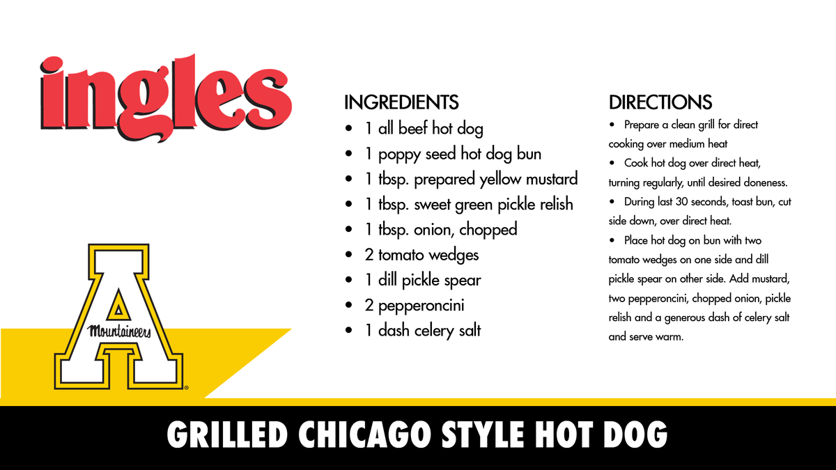 appstatesports's tweet photo. Need a new menu item, #AppFamily?

Try App State Assistant Volleyball Coach Connor Zimmick’s Grilled Chicago Style Hot Dog from Ingles Table.

Brought to you by Ingles Markets — Full recipe below.

https://t.co/oOjNgq6m92

#GoApp https://t.co/x97yuSwkOv