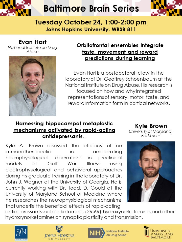 Join us next Tuesday from 1:00-2:00 to kick off the Hopkins Baltimore Brain Series seminars! Awardees Evan Hart and Kyle Brown will present their work. Zoom link can be provided upon request!