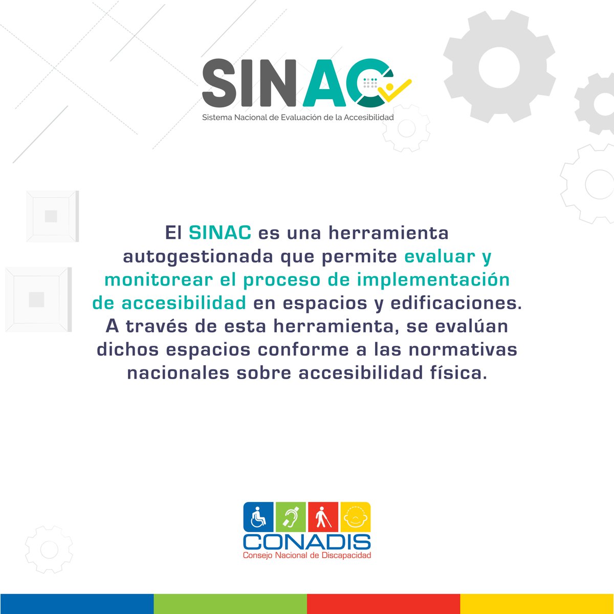 ¿Conoces el Sistema Nacional de Evaluación de la Accesibilidad (SINAC)❓ Es una herramienta autogestionada que permite evaluar y monitorear el proceso de implementación de accesibilidad en espacios y edificaciones. 📲 Disponible para descargar la aplicación en Android.