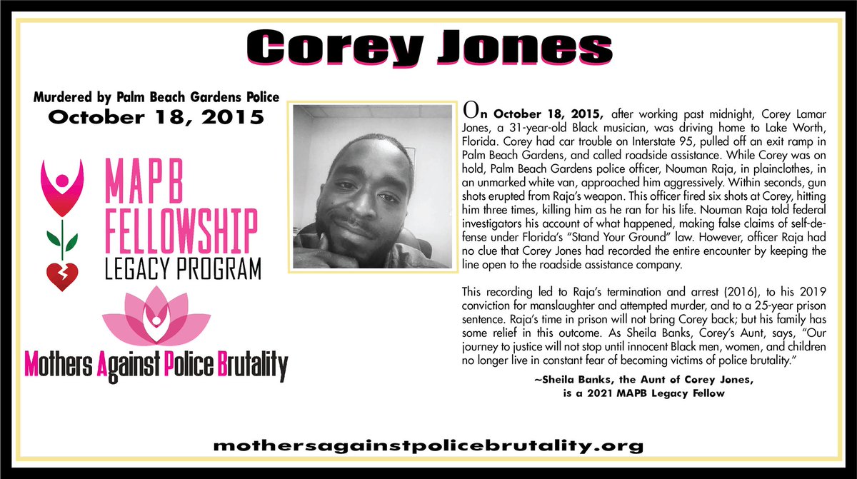 FightingMothers's tweet photo. We're honoring the life of Corey Jones. On this day, October 18, 2015, Corey's life was stolen by Palm Beach Gardens Police. Sheila Banks is a MAPB 2021-2023 Legacy Fellow. https://t.co/Jx5QoyJ0ML #justiceforcoreyjones #mapb https://t.co/RANvVif4gw