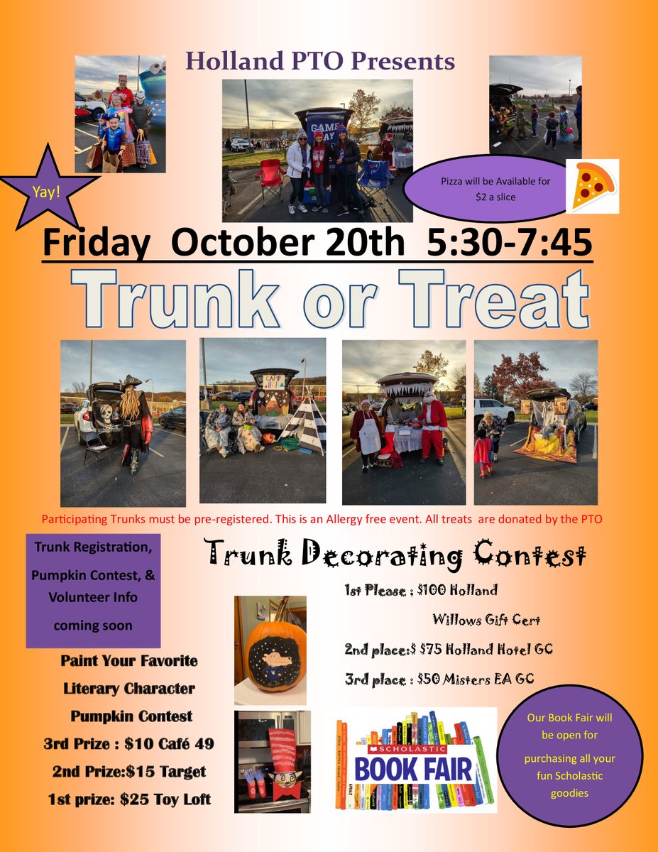 Holland CSD (@hollandschools) on Twitter photo The PTO Trunk or Treat is this Friday, 10/20!
Volunteers needed! If you can help, email: valeriebutler2314@hotmail.com The PTO Trunk or Treat is this Friday, 10/20!
Volunteers needed! If you can help, email: valeriebutler2314@hotmail.com