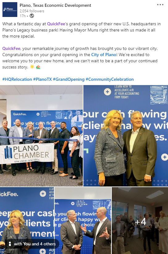 Jennifer Warawa (@jenniferwarawa) on Twitter photo Thank you to the <a href="/PlanoTXEconDev/">PlanoTXEconDev</a> and <a href="/cityofplanotx/">City of Plano</a>, as well as our local customers and partners, for joining us yesterday for the grand opening of our new <a href="/QuickFeeUS/">QuickFee</a> U.S. HQ in Plano, Texas. It was a milestone day for us and we're excited to begin this new chapter! Thank you to the <a href="/PlanoTXEconDev/">PlanoTXEconDev</a> and <a href="/cityofplanotx/">City of Plano</a>, as well as our local customers and partners, for joining us yesterday for the grand opening of our new <a href="/QuickFeeUS/">QuickFee</a> U.S. HQ in Plano, Texas. It was a milestone day for us and we're excited to begin this new chapter!