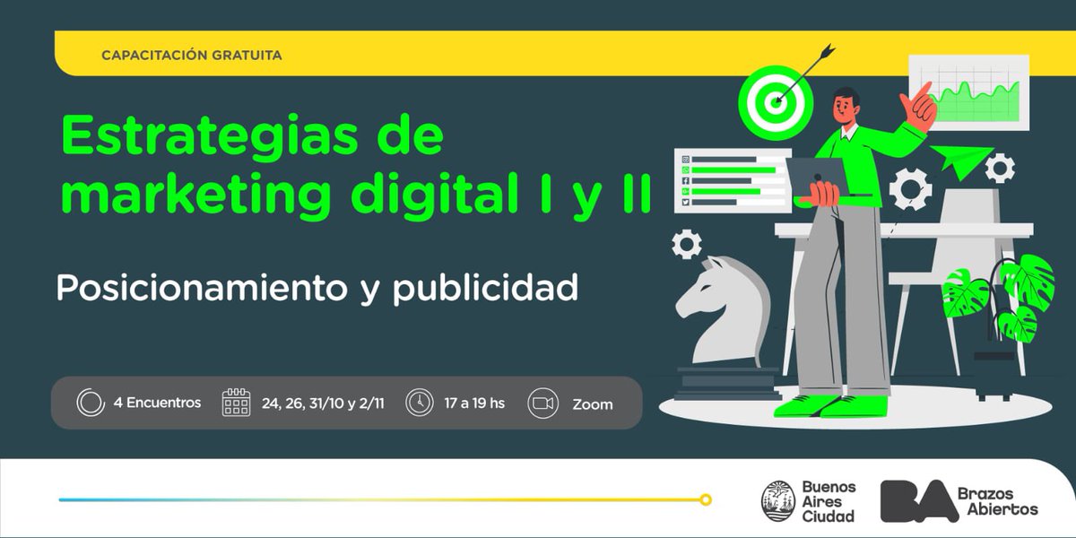 📲 Sumate a la capacitación virtual y gratuita “Estrategias de marketing digital I y II”, donde se tratarán las mejores estrategias de posicionamiento y publicidad.

📆 ¿Cuándo? 26 y 27/10; 2 y 3/11, de 17 a 19 hs.

✍️ Anotate en bit.ly/emarketIyII