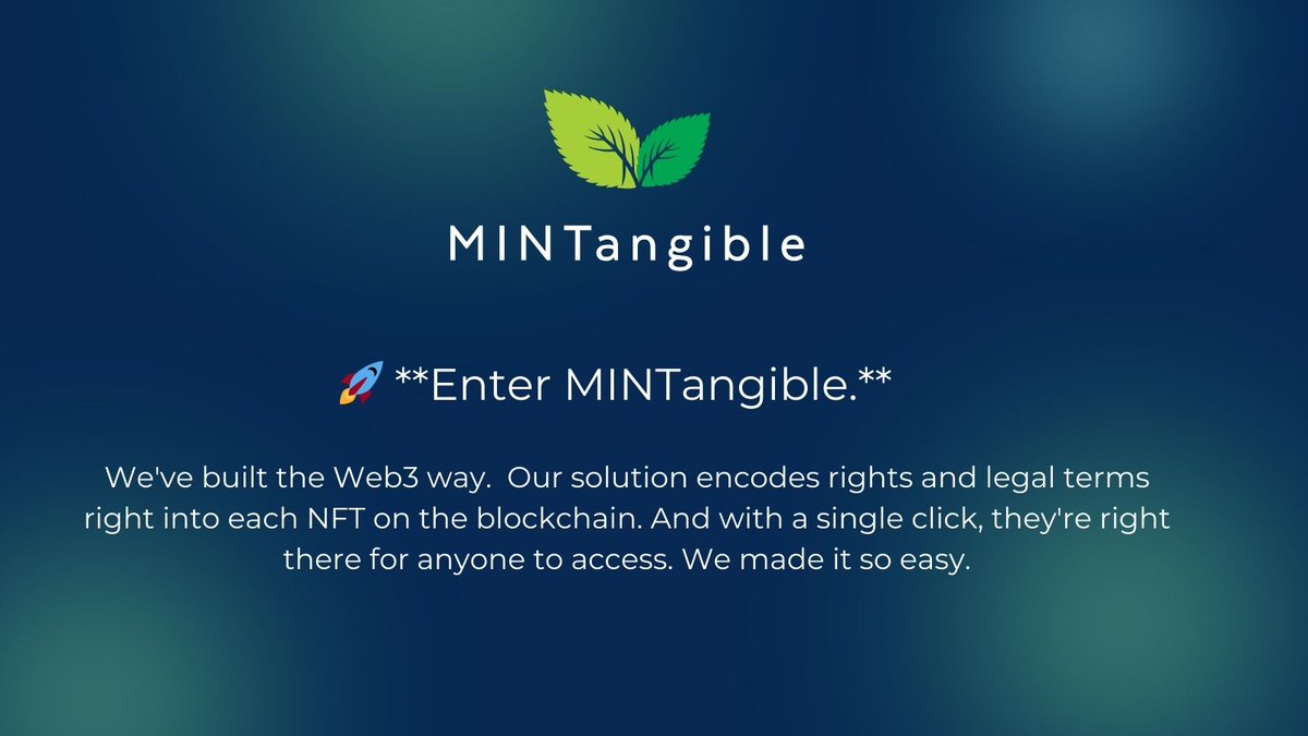MINTangible_io's tweet photo. Calling all #NFTcreators and platforms! Partner with @MINTangible_io to ensure your #NFTs meet #Web2 legal standards while safeguarding creators' and buyers' rights. Connect with us now: https://t.co/bymRqzP2Yh #Web3 #LegalTech https://t.co/F9pNLQOEnp
