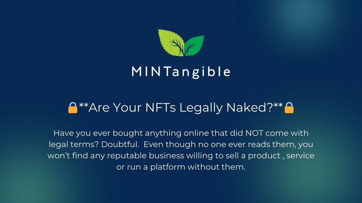 MINTangible_io's tweet photo. Calling all #NFTcreators and platforms! Partner with @MINTangible_io to ensure your #NFTs meet #Web2 legal standards while safeguarding creators' and buyers' rights. Connect with us now: https://t.co/bymRqzP2Yh #Web3 #LegalTech https://t.co/F9pNLQOEnp